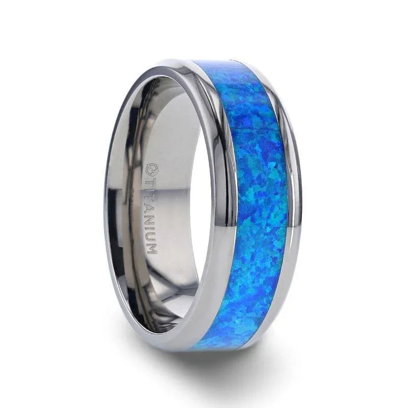 GALAXY Titanium Polished Beveled Edge Ring with Blue Green Opal Inlay - 8mm