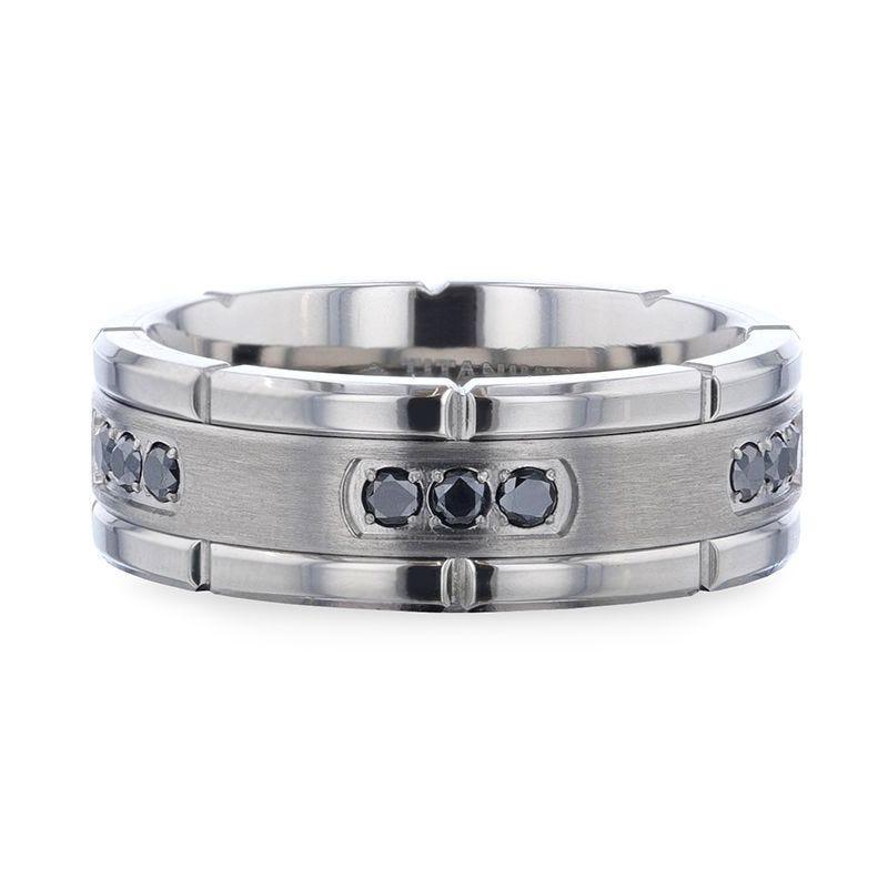 COURAGEOUS Brushed Center Titanium Men's Wedding Band With Double Grooved Polished Edges And Black Diamond Settings - 8mm