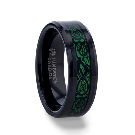 ALLURE Black Dragon Design with Green Background Inlaid Black Tungsten Men's Ring, Clear Coating, Beveled Edge - 8mm
