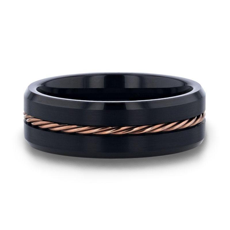 ADELARD Rose Gold Braided Cable Black Tungsten Men’s Wedding Band, Brushed Center with Polished Beveled Edges – 8mm