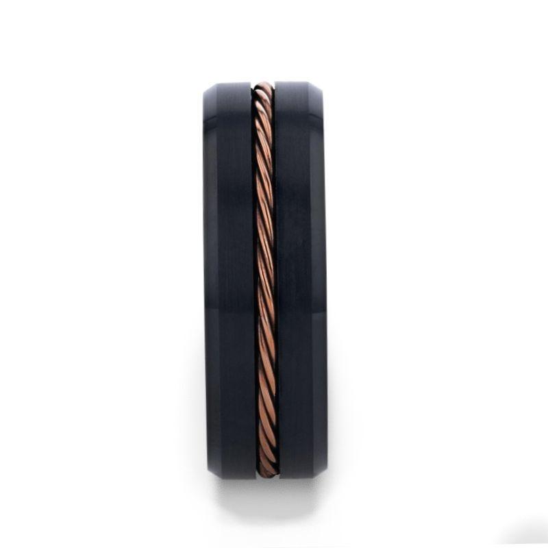 ADELARD Rose Gold Braided Cable Black Tungsten Men’s Wedding Band, Brushed Center with Polished Beveled Edges – 8mm