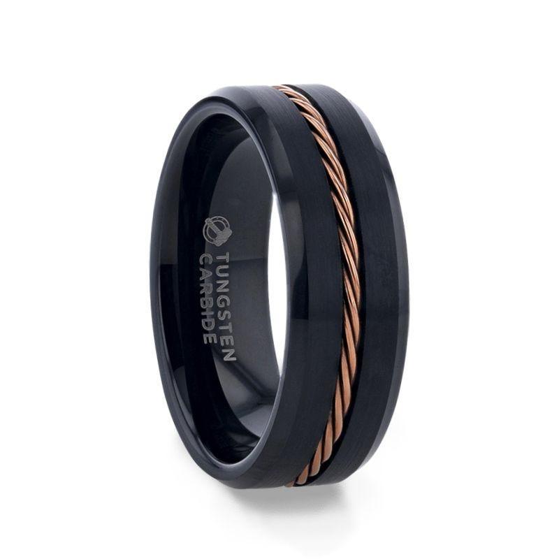 ADELARD Rose Gold Braided Cable Black Tungsten Men’s Wedding Band, Brushed Center with Polished Beveled Edges – 8mm