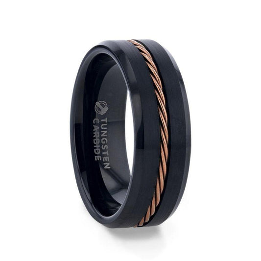 ADELARD Rose Gold Braided Cable Black Tungsten Men’s Wedding Band, Brushed Center with Polished Beveled Edges – 8mm