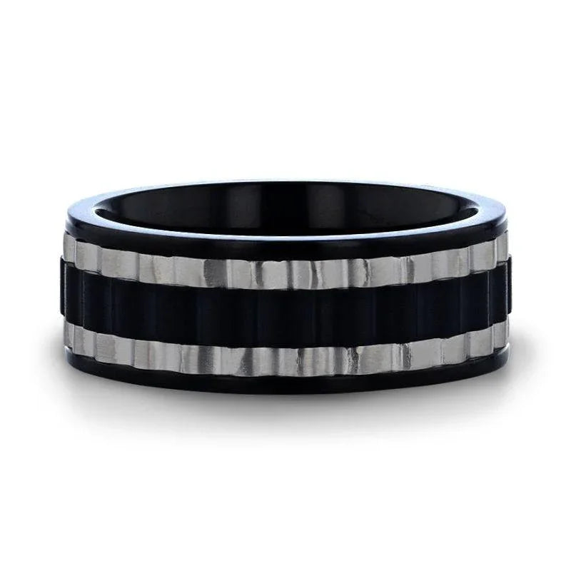 GEAR Two Toned Wavy Centered Brushed Black Titanium Men's Wedding Band With Flat Polished Edges - 8mm