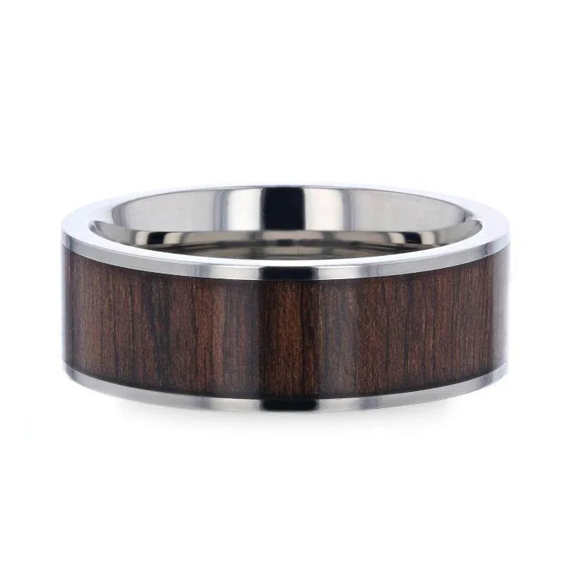 LOGAN Flat Polished Black Walnut Wood Inlaid Titanium Men's Wedding Band With Flat Polished Edges - 8mm