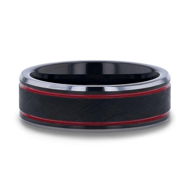 OLIS Wire Finish Black Tungsten Men’s Wedding Band with Double Red Stripes, Polished Beveled Edges – 8mm
