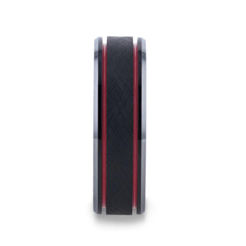 OLIS Wire Finish Black Tungsten Men’s Wedding Band with Double Red Stripes, Polished Beveled Edges – 8mm