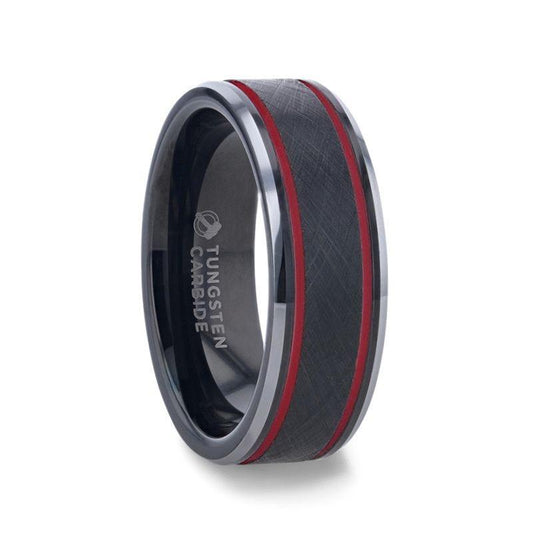 OLIS Wire Finish Black Tungsten Men’s Wedding Band with Double Red Stripes, Polished Beveled Edges – 8mm