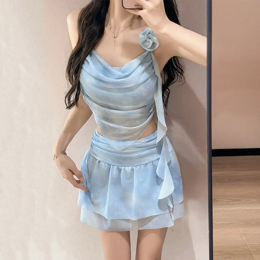 Tie-Dye Kawaii Bikini Set – 3D Flower Mini Skirt Swimsuit