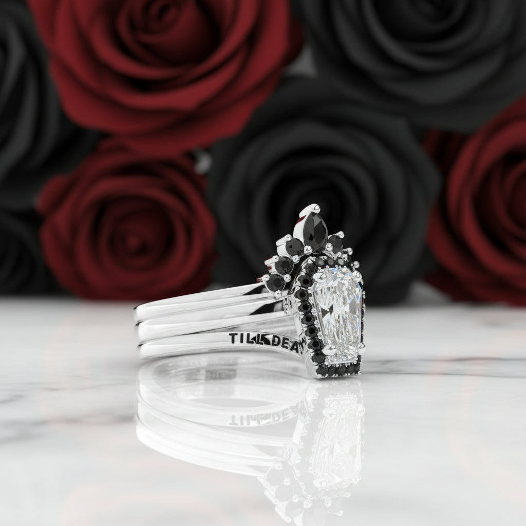 Till Death Do Us Part Rings- Rare Coffin Cut Diamond 14k White Gold Ring Set