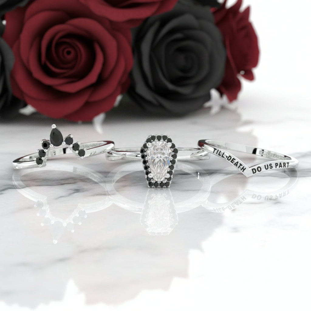 Till Death Do Us Part Rings- Rare Coffin Cut Diamond 14k White Gold Ring Set
