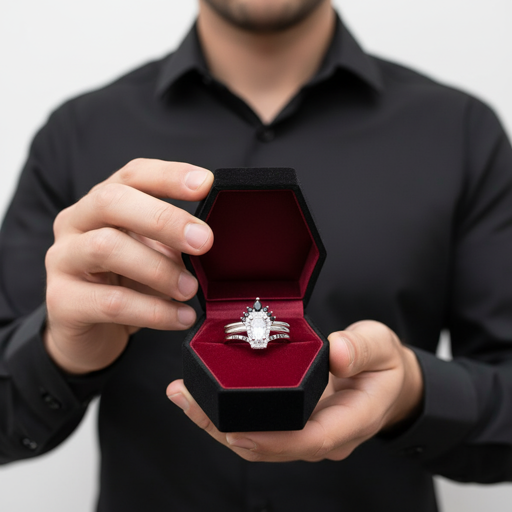 Till Death Do Us Part Rings- Rare Coffin Cut Diamond 14k White Gold Ring Set