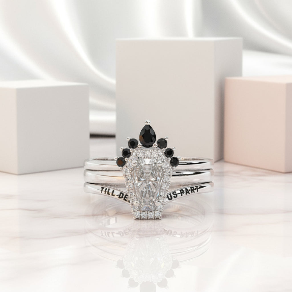 Till Death Do Us Part Rings- Rare Coffin Cut Diamond 14k White Gold Ring Set
