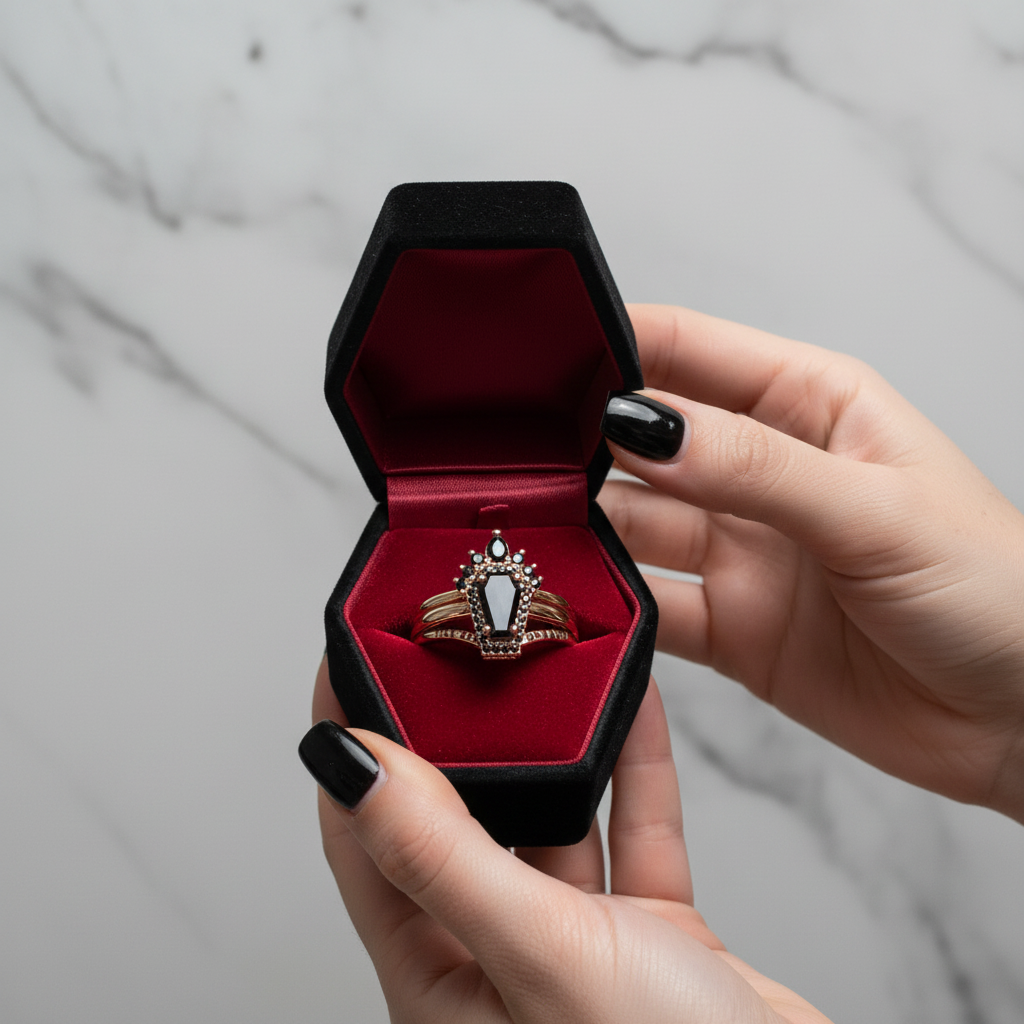 Till Death Do Us Part Rings- Rare Coffin Cut Diamond 14k White Gold Ring Set