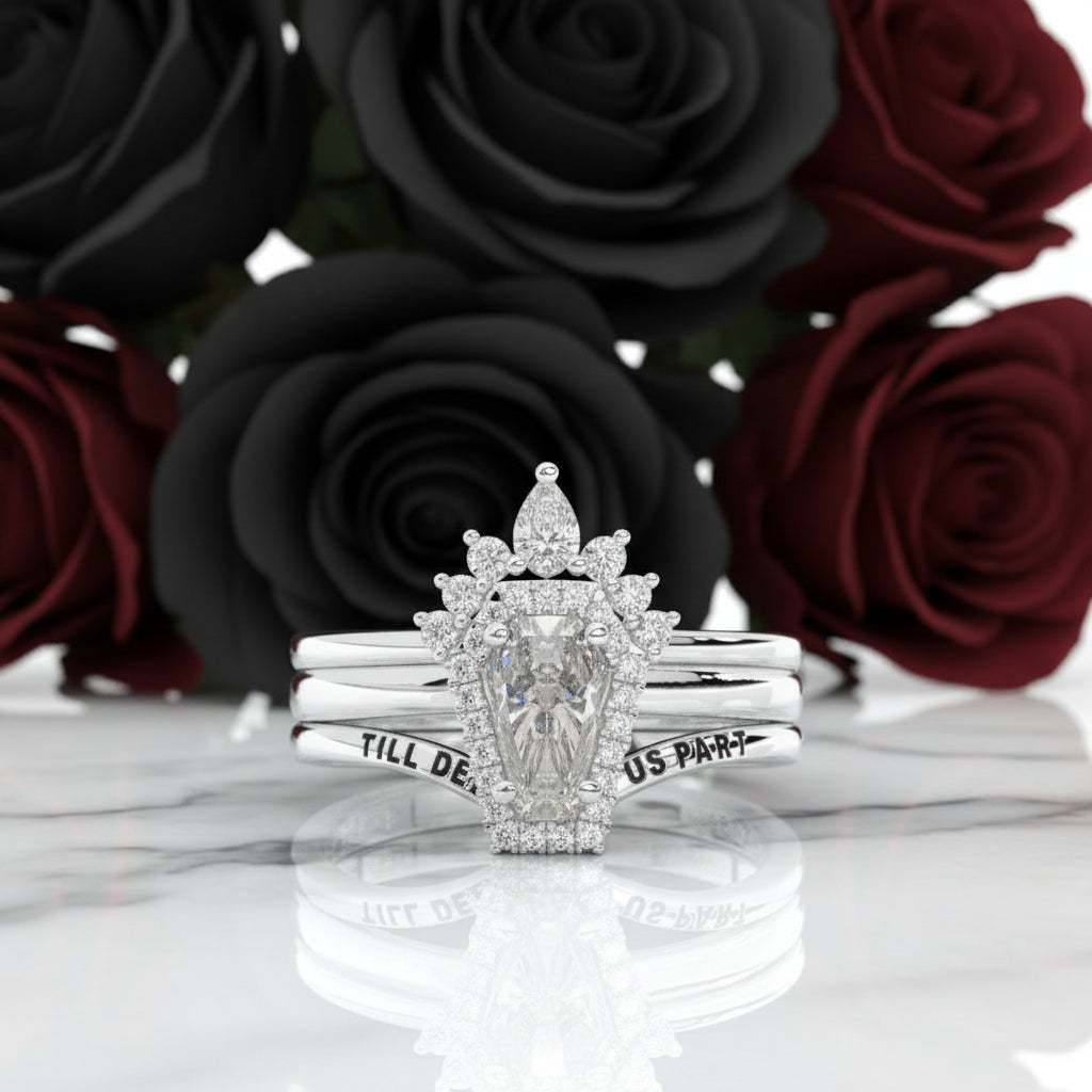 Till Death Do Us Part Rings- Rare Coffin Cut Diamond 14k White Gold Ring Set