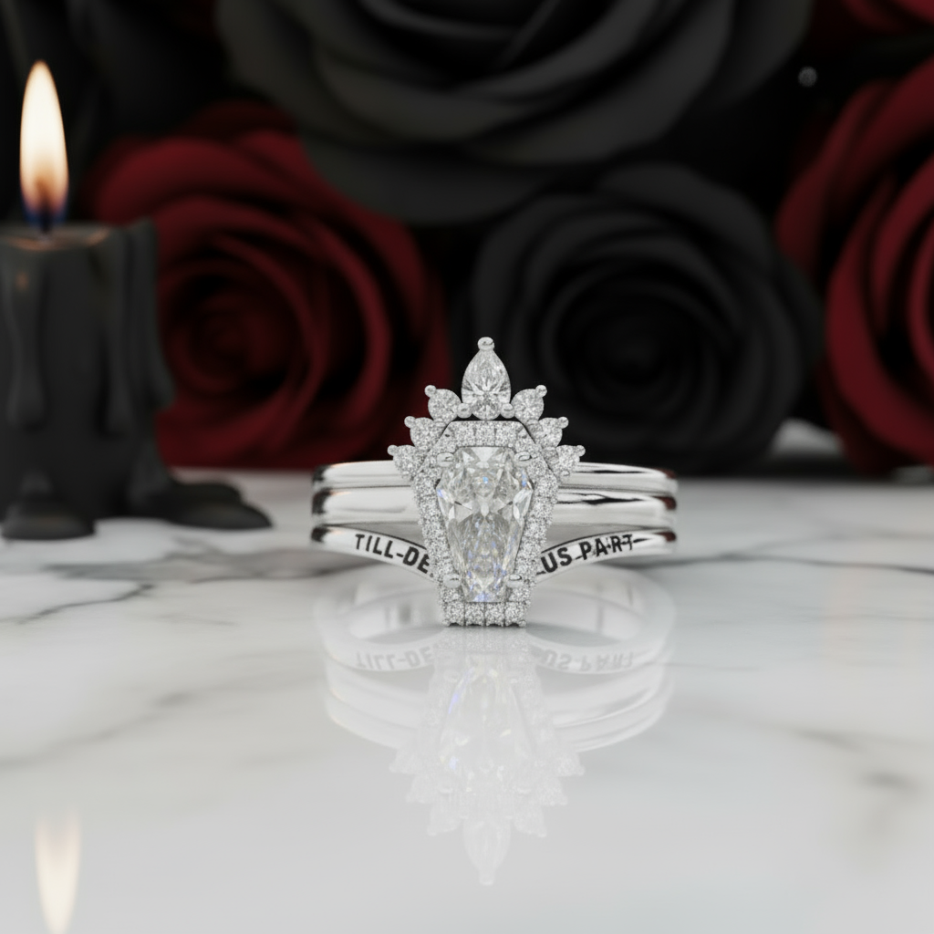 Till Death Do Us Part Rings- Rare Coffin Cut Diamond 14k White Gold Ring Set