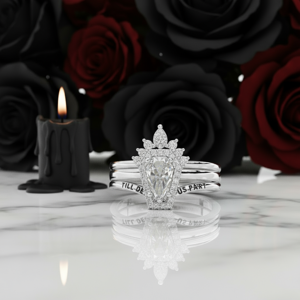 Till Death Do Us Part Rings- Rare Coffin Cut Diamond 14k White Gold Ring Set
