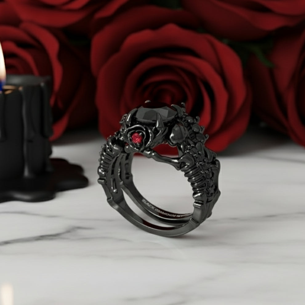 1.25 Carat Black Diamond Gothic Ring Set - Together Forever