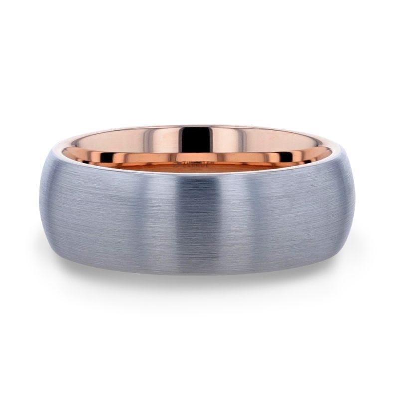 CAMERON Domed Brushed Finish Tungsten Carbide Men's Wedding Band with Rose Gold Ion-Plated Interior - 8mm