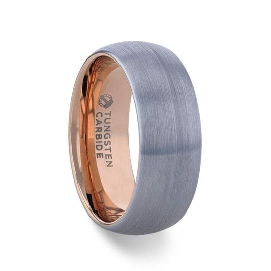 CAMERON Domed Brushed Finish Tungsten Carbide Men's Wedding Band with Rose Gold Ion-Plated Interior - 8mm