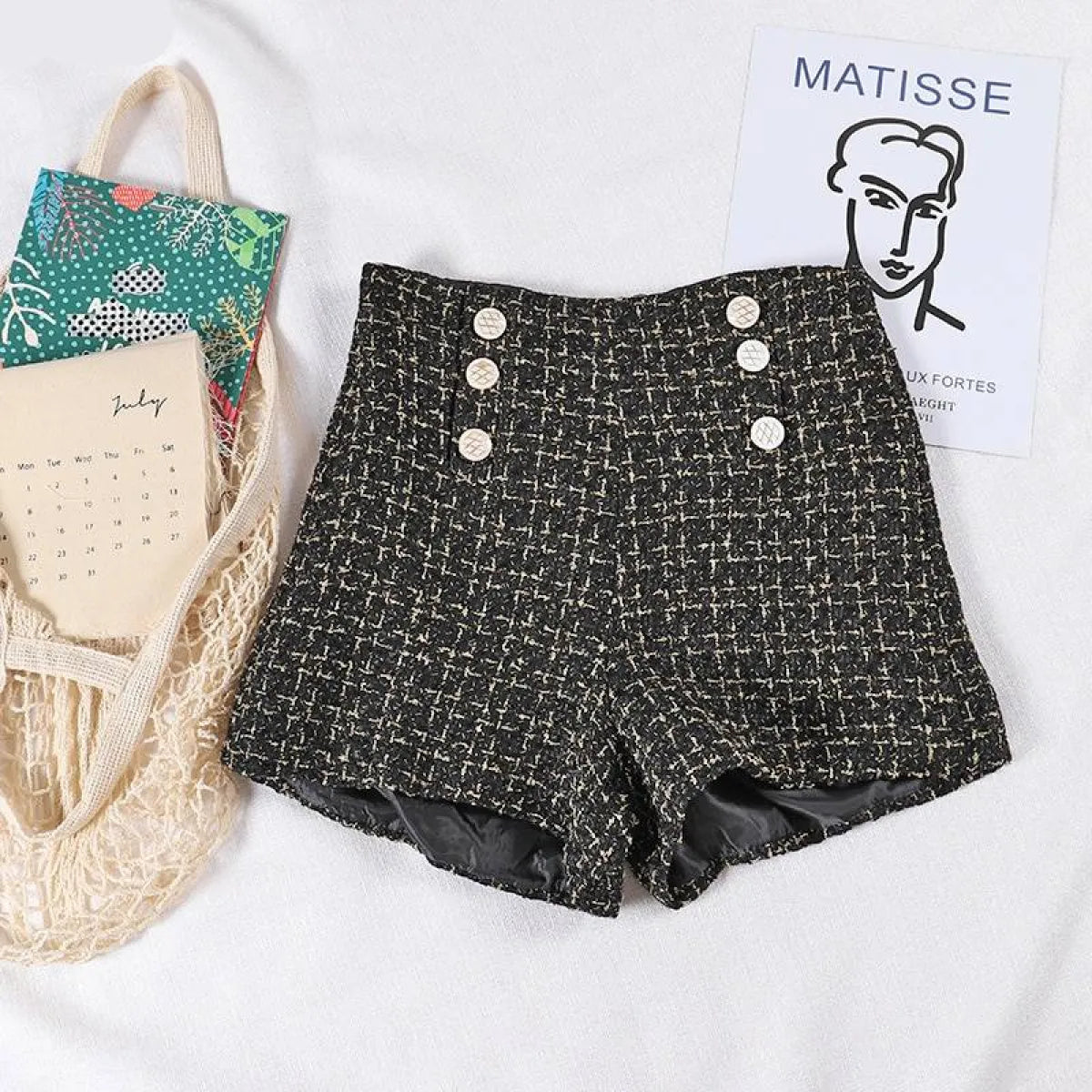 Button Decorated Tweed Shorts for Women