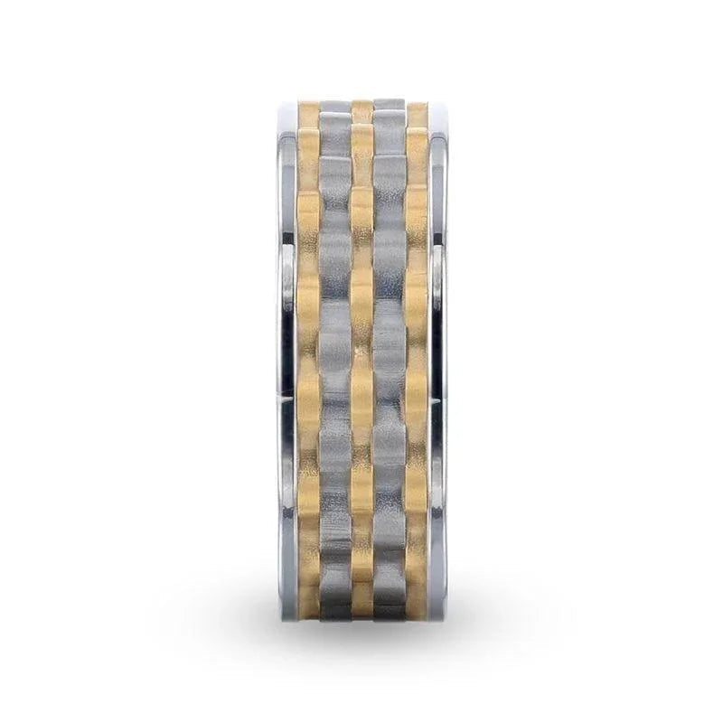 MONTROSE Wavy Gold And Gunmetal Texture Pattern Inlaid Titanium Men's Wedding Band With Flat Polished Profile - 8mm