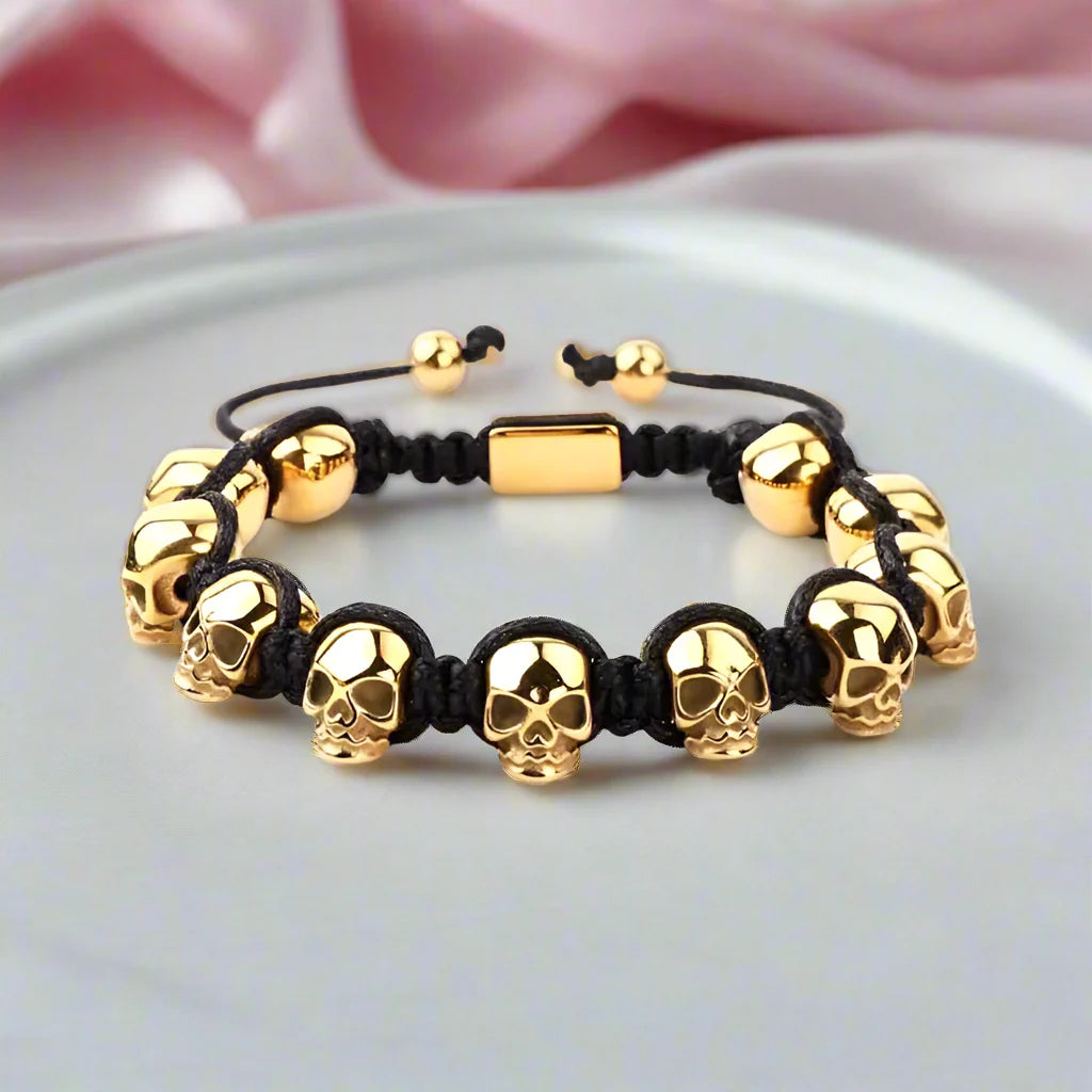 Unisex Skull Beads Gothic Bracelet with Braided Wrap