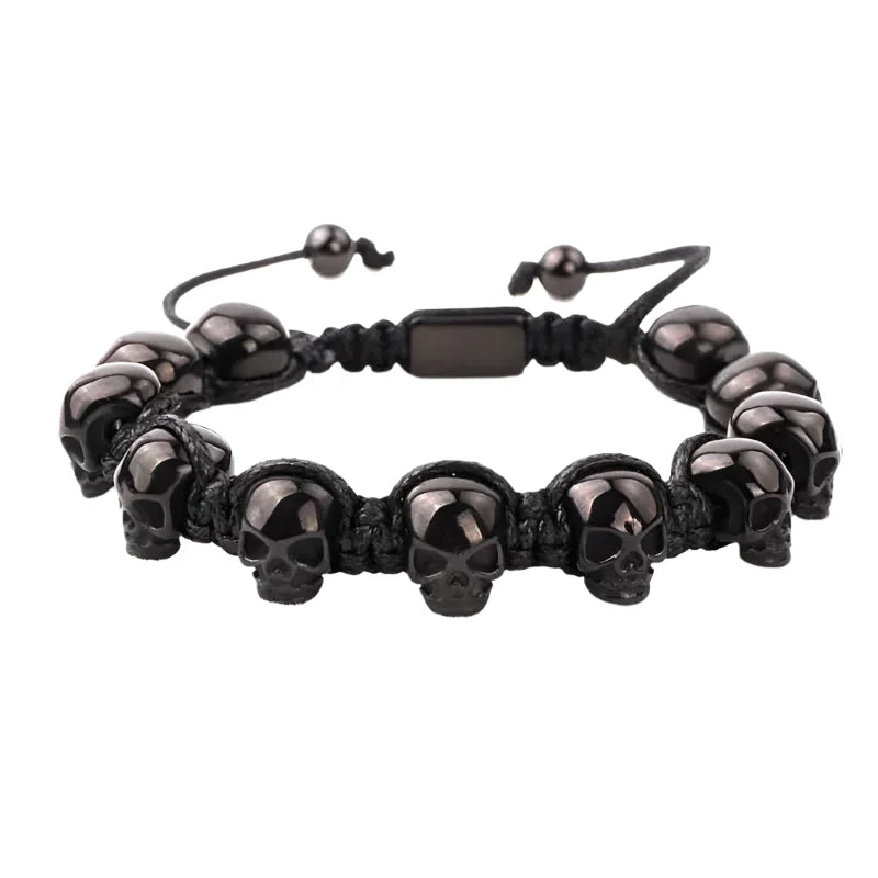 Unisex Skull Beads Gothic Bracelet with Braided Wrap