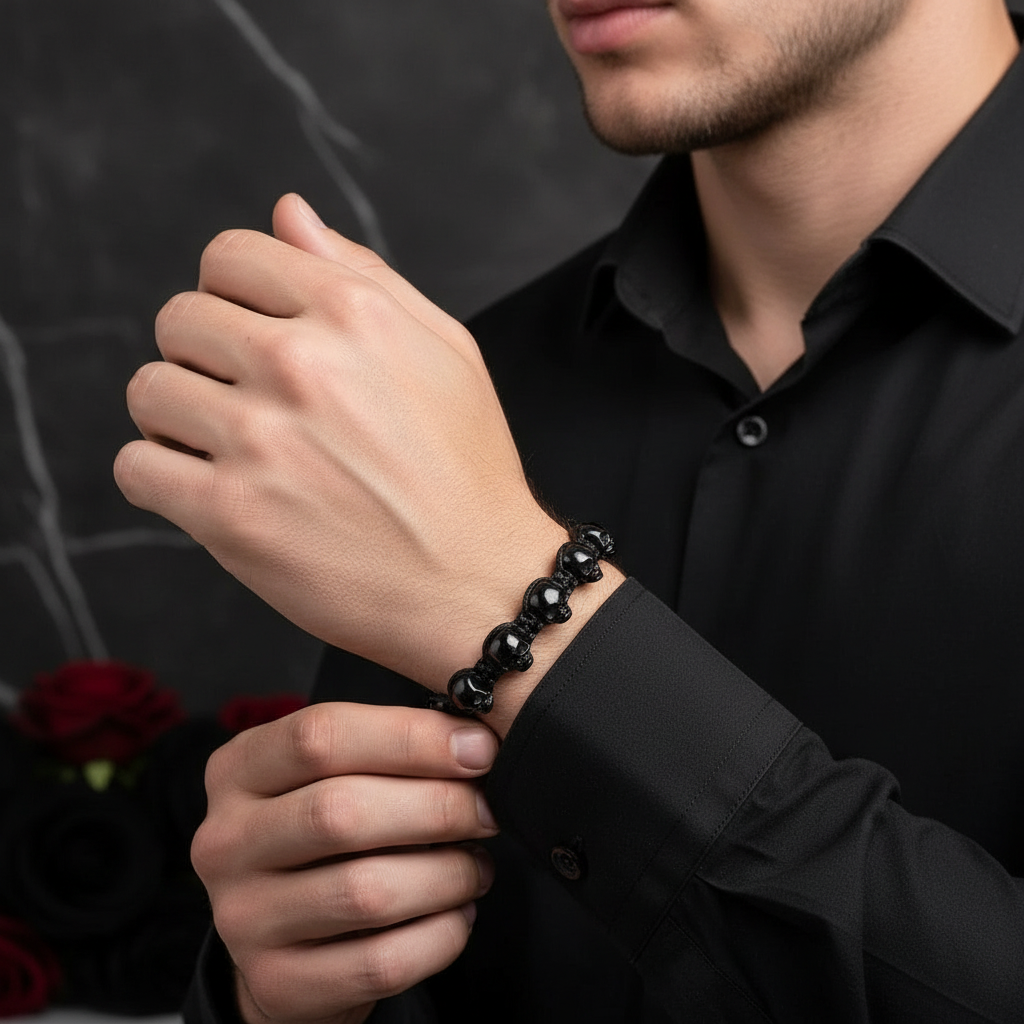 Unisex Skull Beads Gothic Bracelet with Braided Wrap