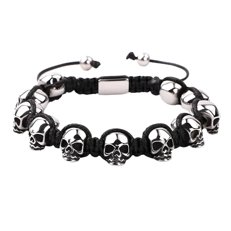 Unisex Skull Beads Gothic Bracelet with Braided Wrap
