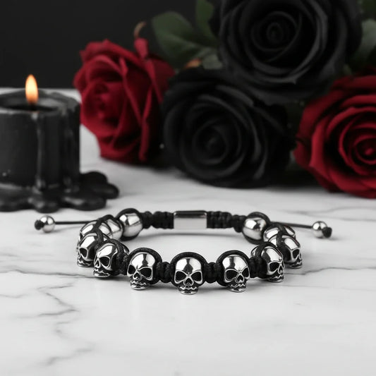 Unisex Skull Beads Gothic Bracelet with Braided Wrap