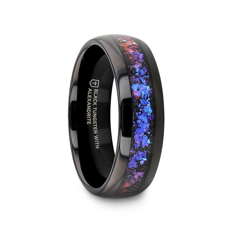 COSMIC Black Tungsten Ring with Crushed Alexandrite and Dark Blue & Purple Crushed Goldstone – 4mm to 8mm