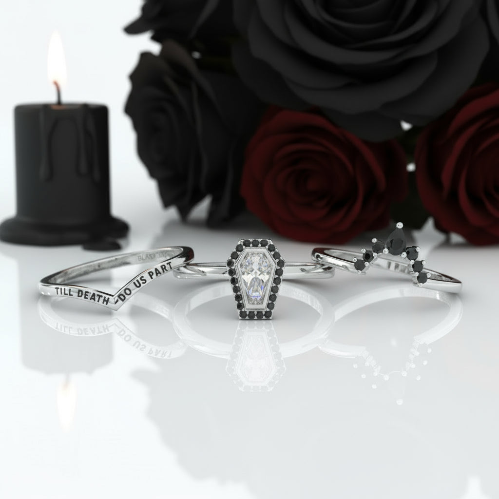 Until Death Rings- Limited Coffin Shape Diamond Wedding Rings