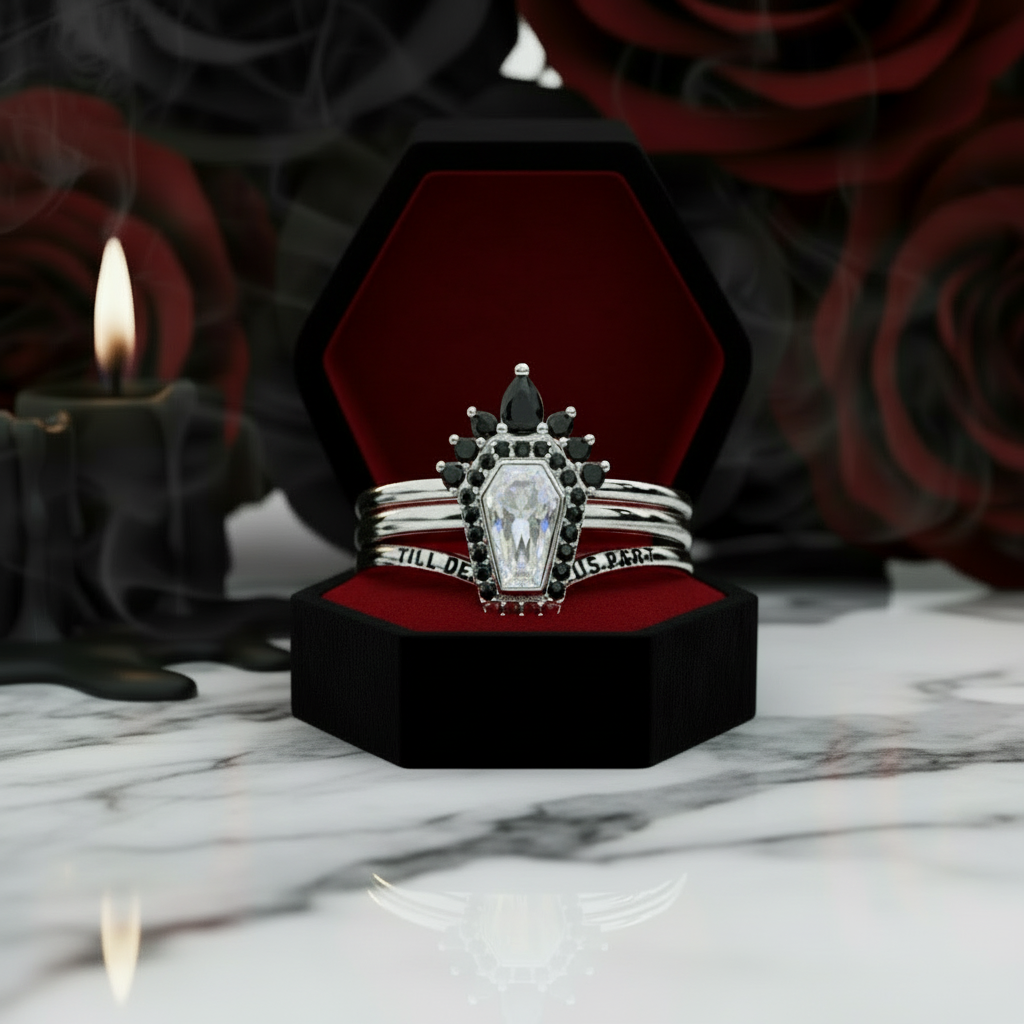 Until Death Rings- Limited Coffin Shape Diamond Wedding Rings