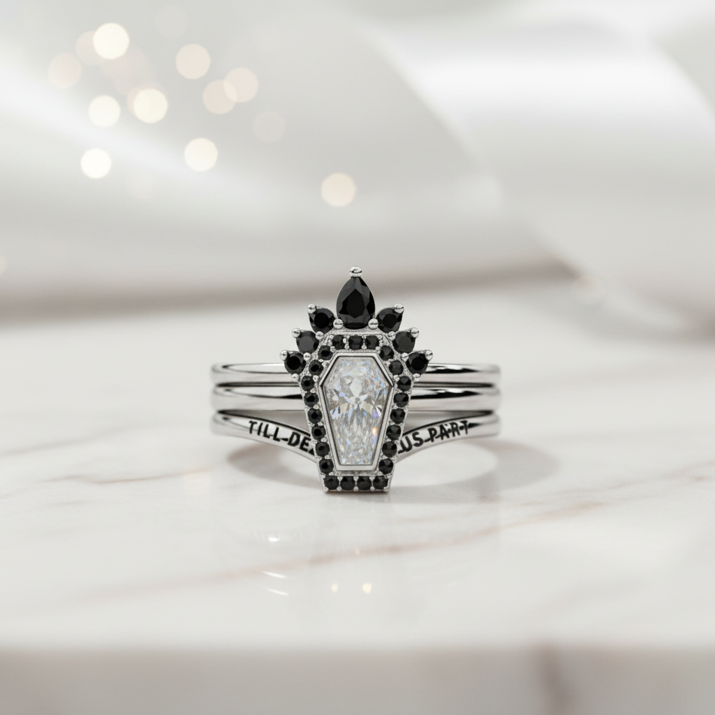 Until Death Rings- Limited Coffin Shape Diamond Wedding Rings
