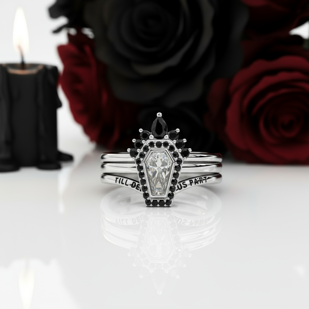 Until Death Rings- Limited Coffin Shape Diamond Wedding Rings