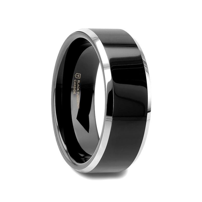 VALENCIA Women's Black Tungsten Ring, Polished Finish with White Tungsten Bevels - 4mm