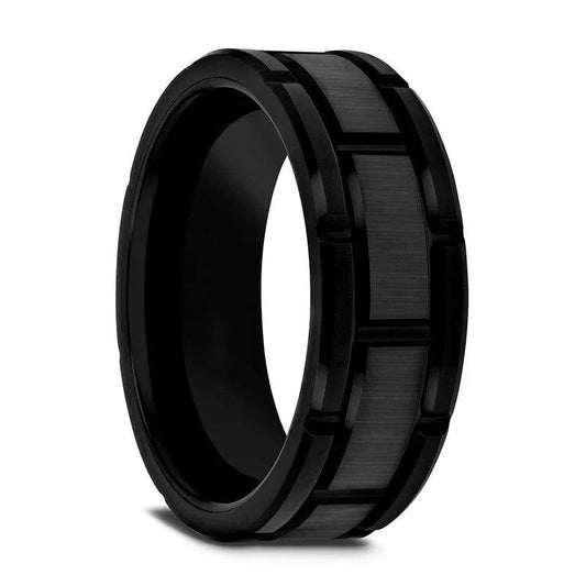 WINDSOR Beveled Black Tungsten Carbide Wedding Band with Brushed Center and Alternating Grooves – 8mm & 10mm