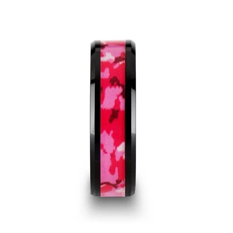 SIERRA Black Ceramic Ring with Pink and White Camouflage Inlay - 6mm & 8mm