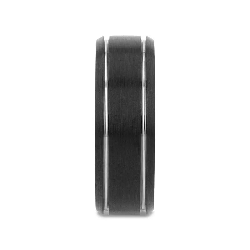 NOCTURNE Black Beveled Tungsten Carbide Band with Polished Grooves and Brushed Finish - 6mm or 8mm