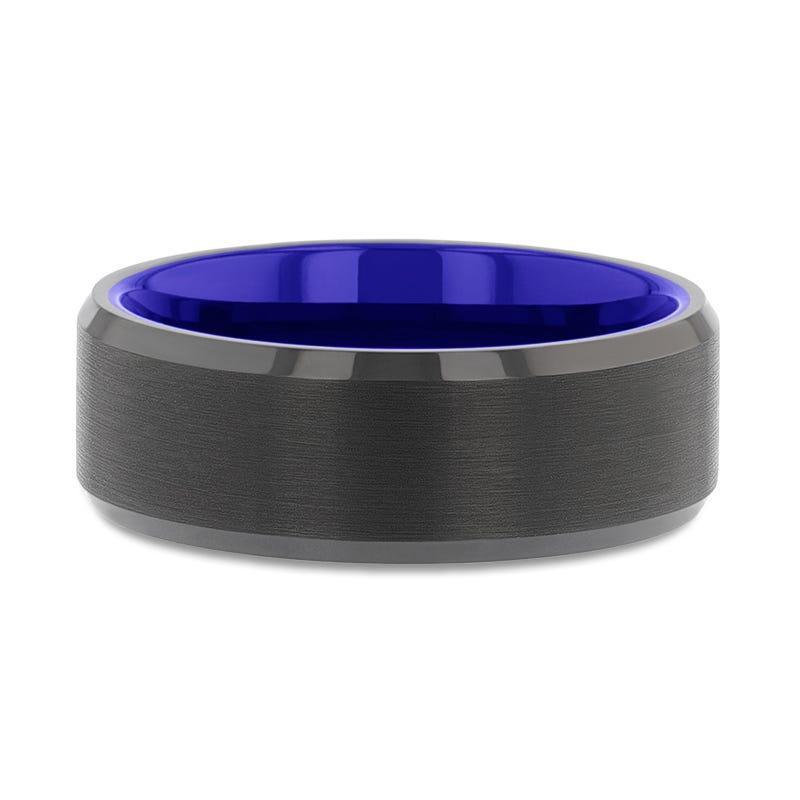 RIGEL Black Tungsten Carbide Ring – Flat Brushed Center, Polished Beveled Edges, Blue Ceramic Interior (6mm & 8mm)