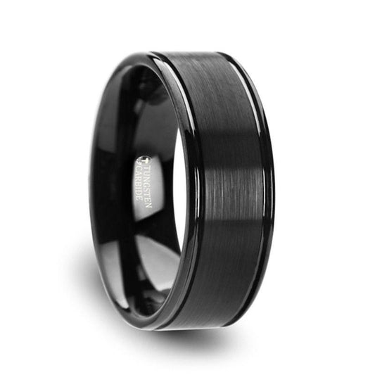 TURNER Black Tungsten Carbide Wedding Band – Flat Brushed Center, Dual Offset Grooves, Polished Edges (6mm & 8mm)