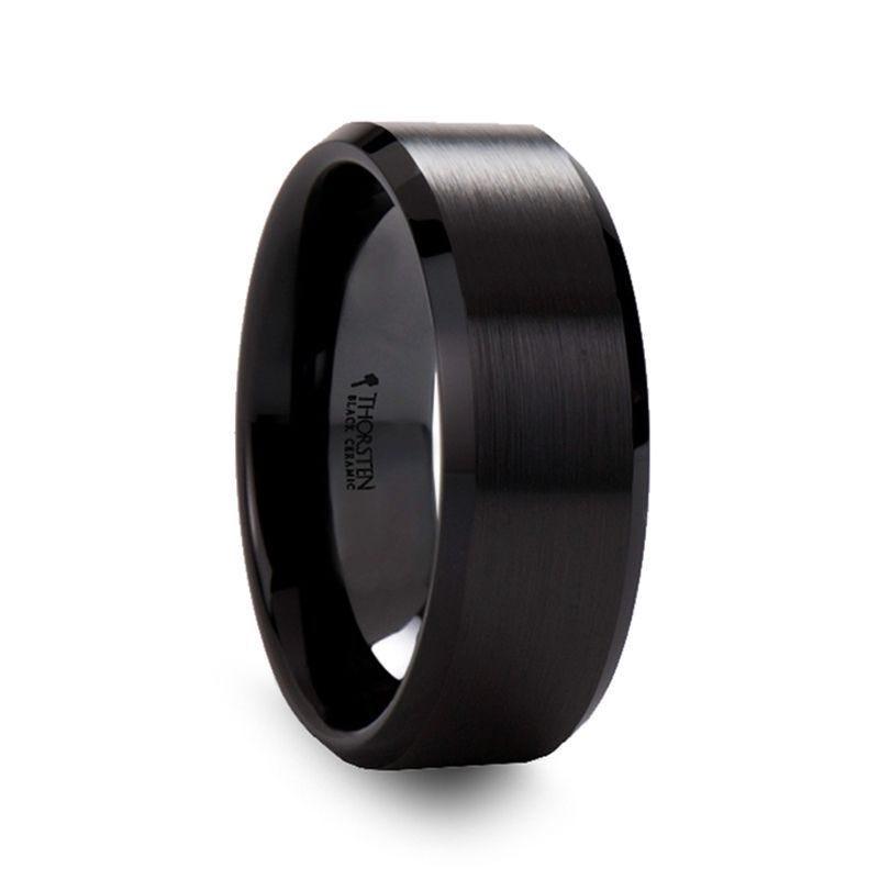 YORKSHIRE Brushed Black Ceramic Wedding Band with Polished Beveled Edges – 6mm or 8mm