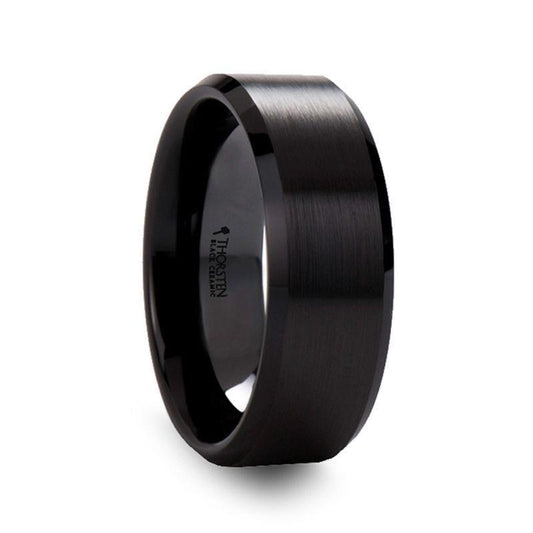 YORKSHIRE Brushed Black Ceramic Wedding Band with Polished Beveled Edges – 6mm or 8mm