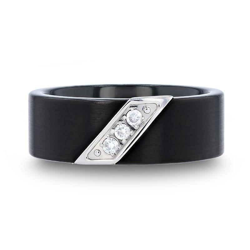 LIAM 8 mm Flat Black Satin Tungsten Carbide Wedding Band with Diagonal Diamonds in Stainless Steel