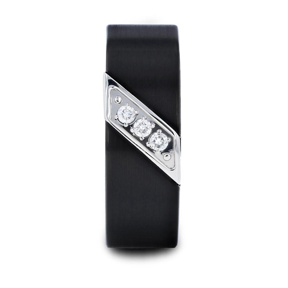 LIAM 8 mm Flat Black Satin Tungsten Carbide Wedding Band with Diagonal Diamonds in Stainless Steel