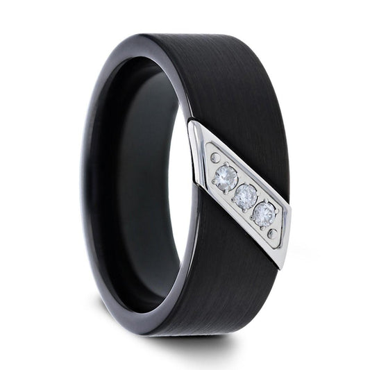LIAM 8 mm Flat Black Satin Tungsten Carbide Wedding Band with Diagonal Diamonds in Stainless Steel