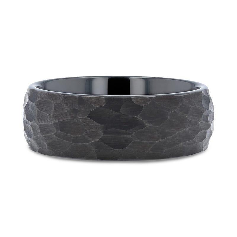 RENEGADE Domed Hammered Black Tungsten Carbide Wedding Band, Brushed Finish – 6mm or 8mm
