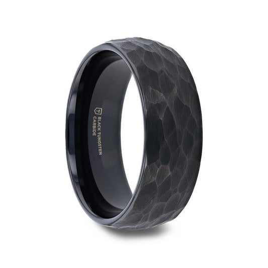 RENEGADE Domed Hammered Black Tungsten Carbide Wedding Band, Brushed Finish – 6mm or 8mm