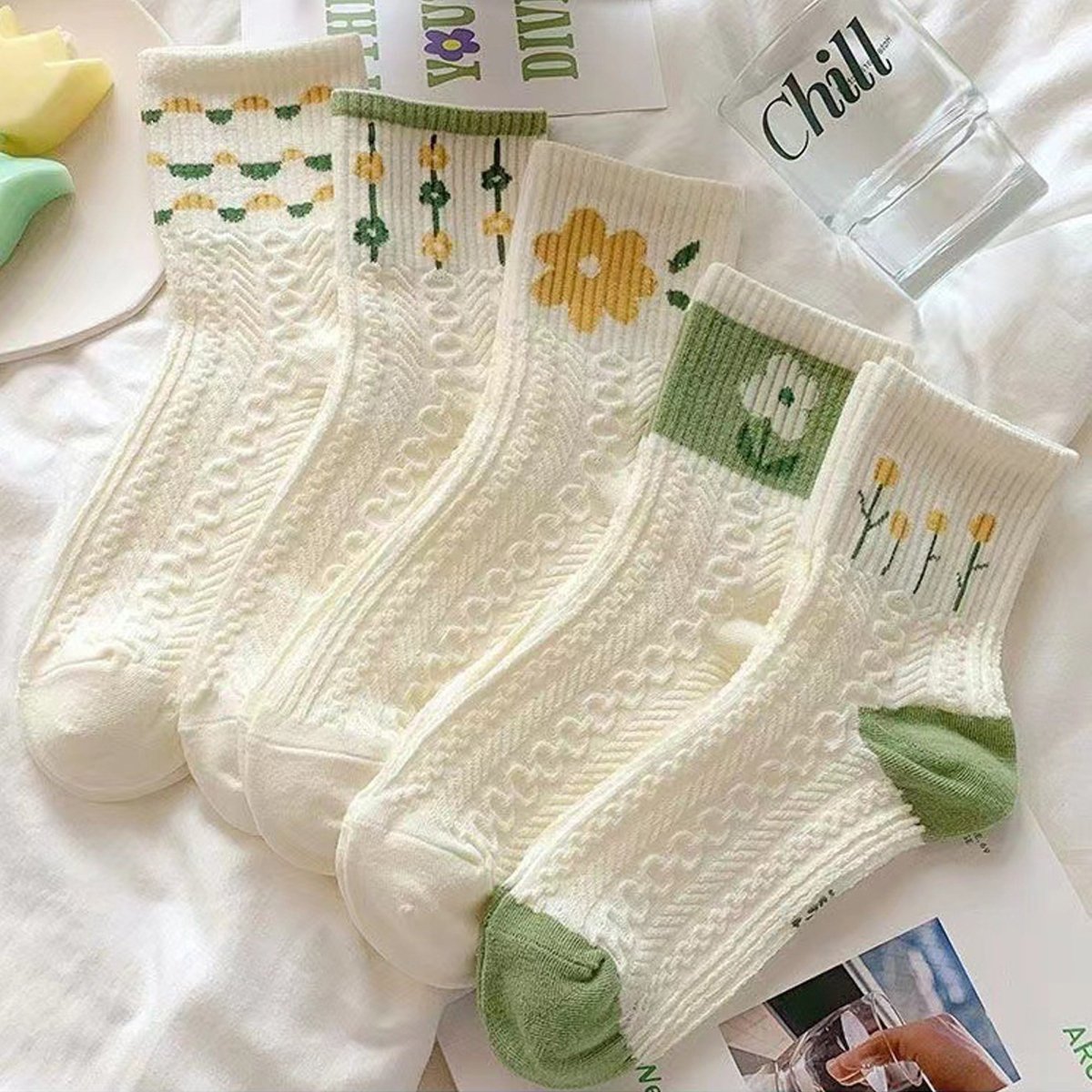 Women’s Floral Cotton Socks – 5 Pairs US Size 6–10 One Size Fits